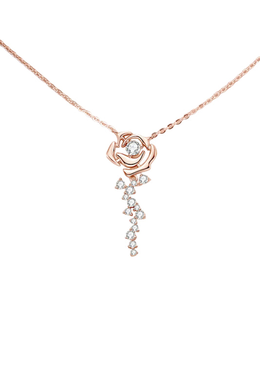 Moissanite Flower Pendant Necklace in 18K Rose Gold-Plated Silver on a white background