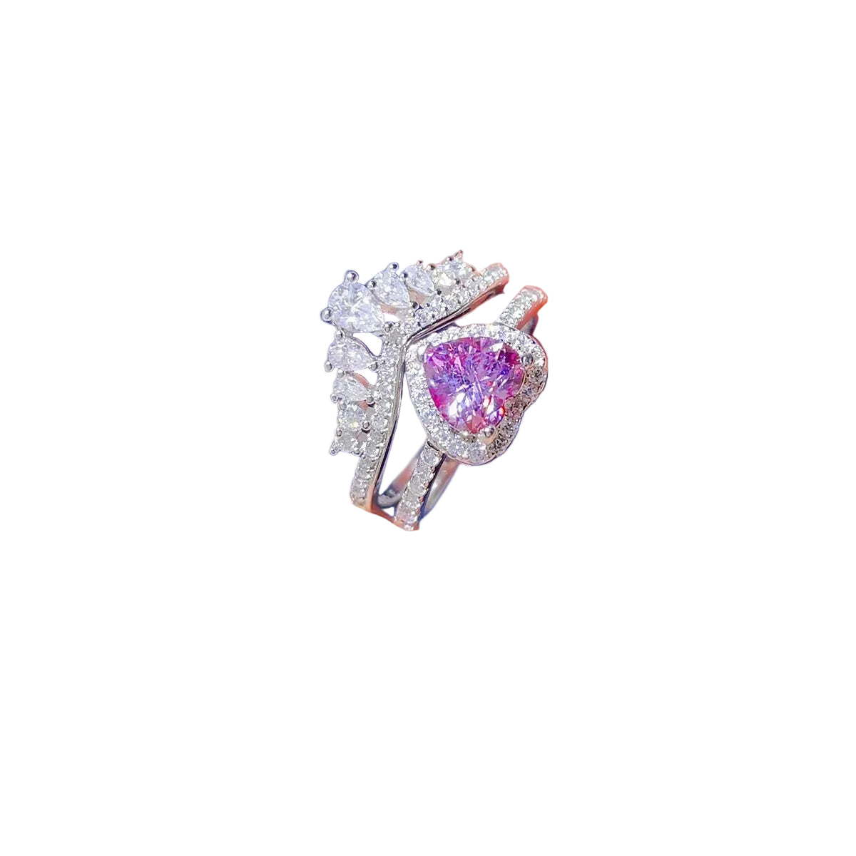 2 carat pink-purple moissanite sterling silver ring set, complementary front detail on pure white