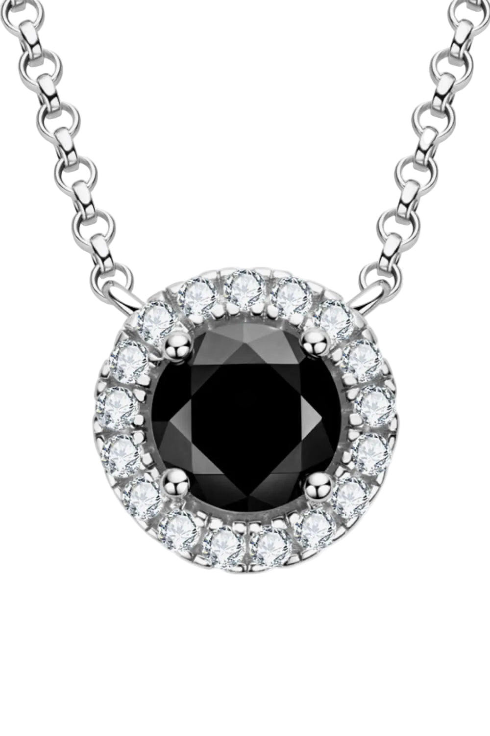 1 carat black moissanite round pendant necklace, front halo setting close-up on pure white