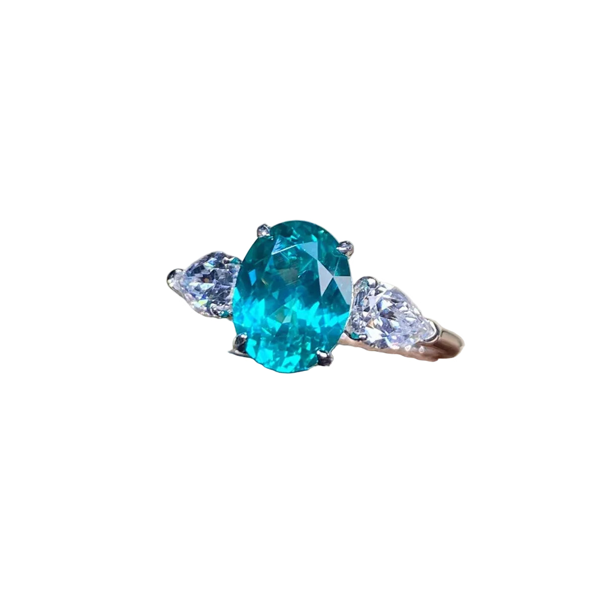 Blue topaz oval ring in 925 sterling silver, front detail view on a pure white background