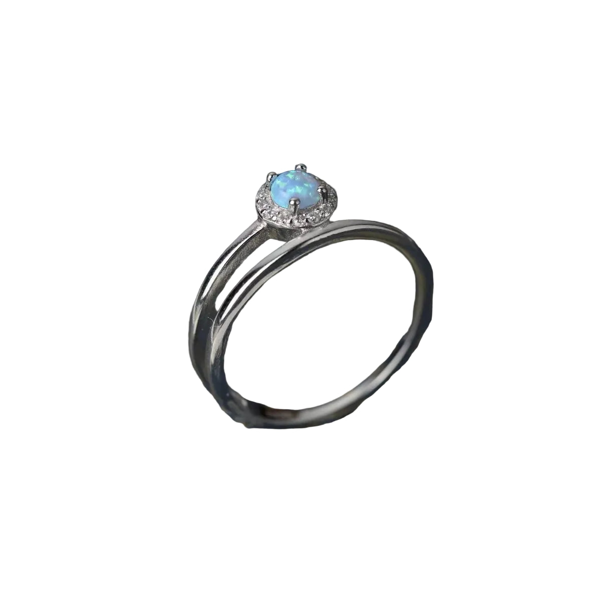 Opal and zircon sterling silver ring, angled band and setting view on pure white
