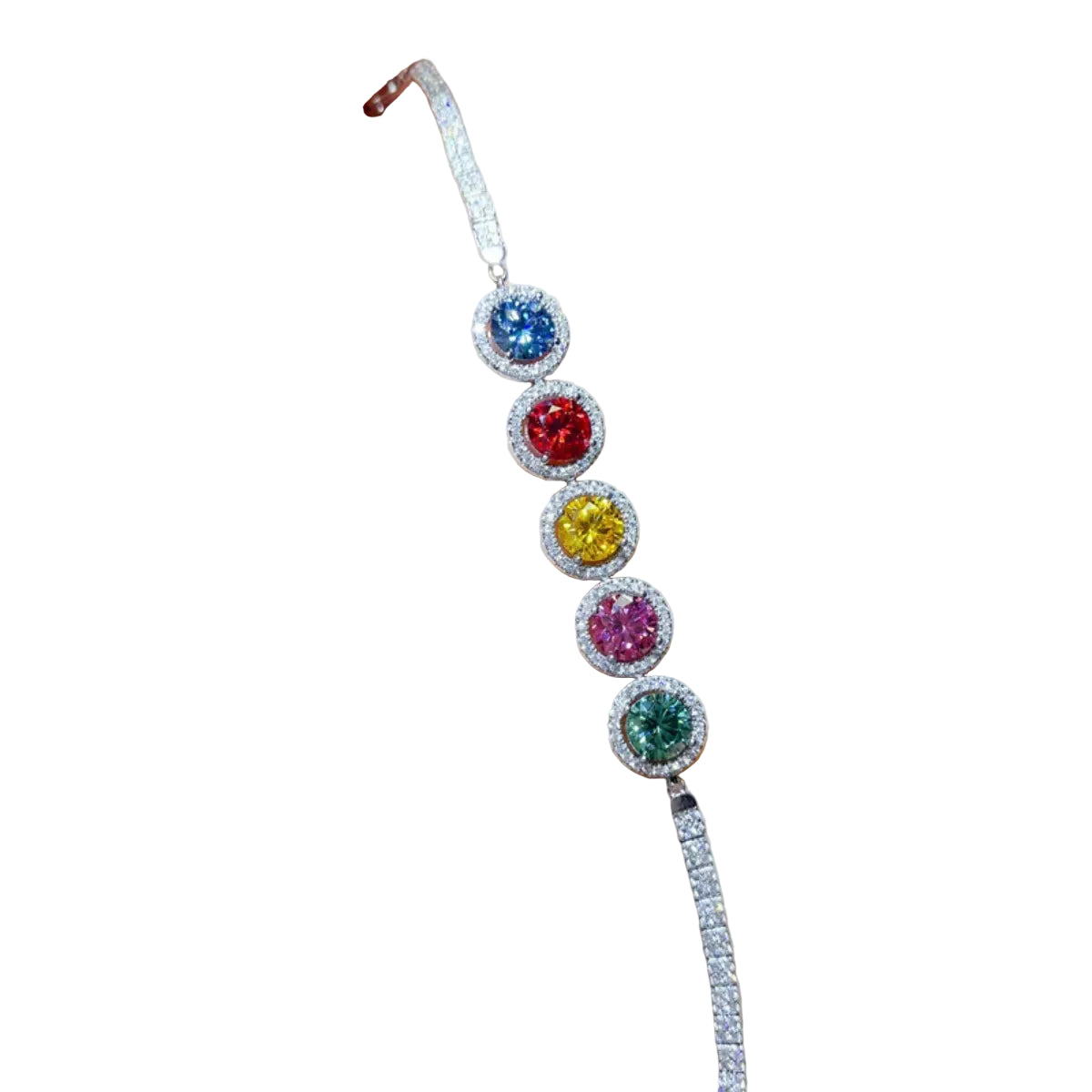 5 carat multicolour moissanite bracelet, coloured stone and band close-up on pure white