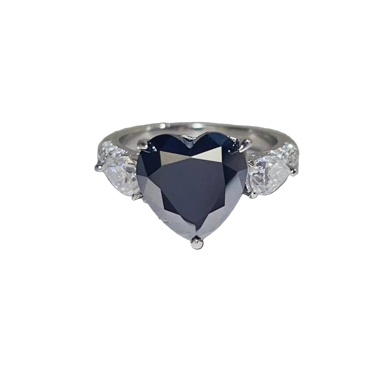 5 carat black moissanite heart ring, angled band view on pure white