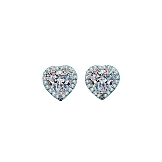 2 carat moissanite heart stud earrings in 925 sterling silver, front pair on pure white