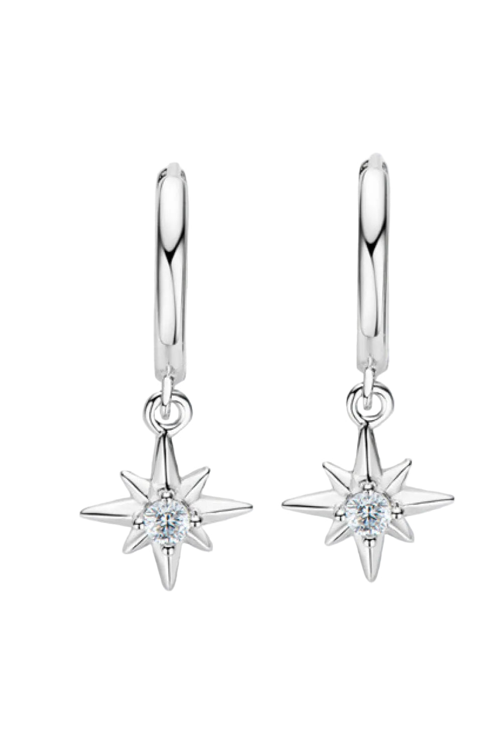 Moissanite star drop earrings in silver plating, front pair detail on pure white