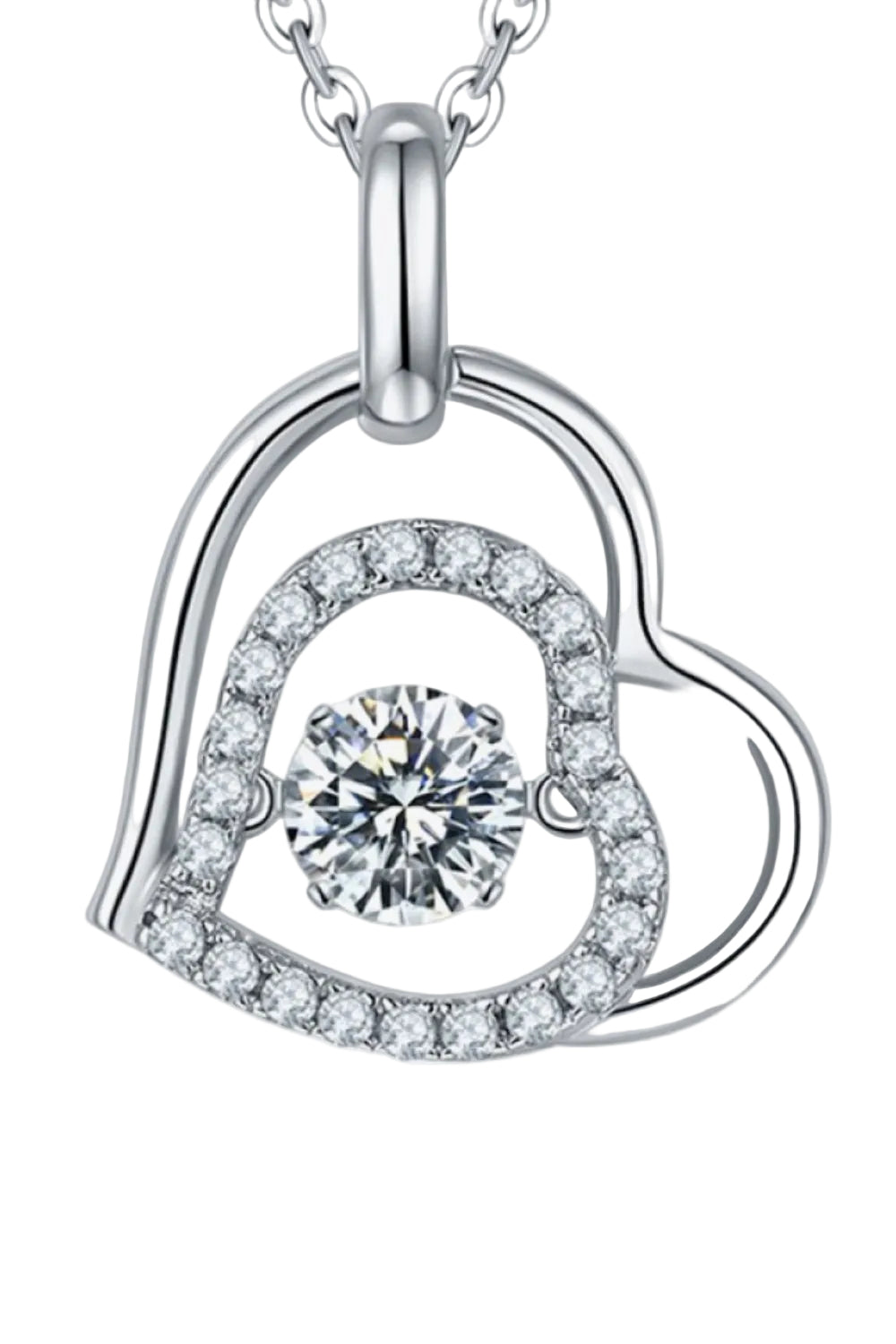0.5 carat moissanite heart pendant necklace, front detail on pure white