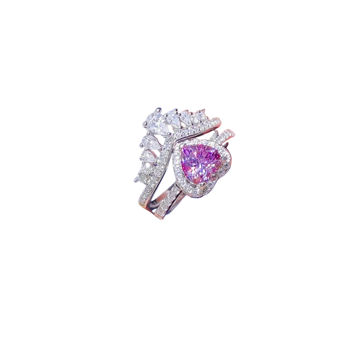 2 carat pink-purple moissanite sterling silver ring set, angled heart-stone and crown-band view on pure white