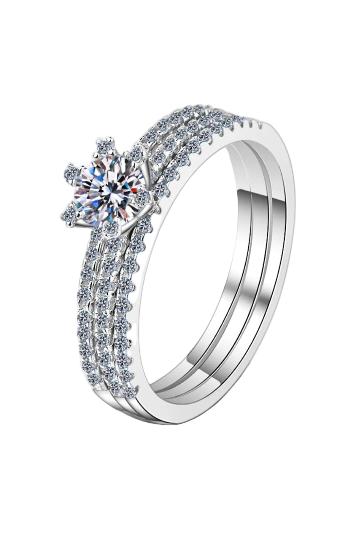 0.5 Carat Moissanite Ring Set in Rhodium-Plated Sterling Silver on a white background