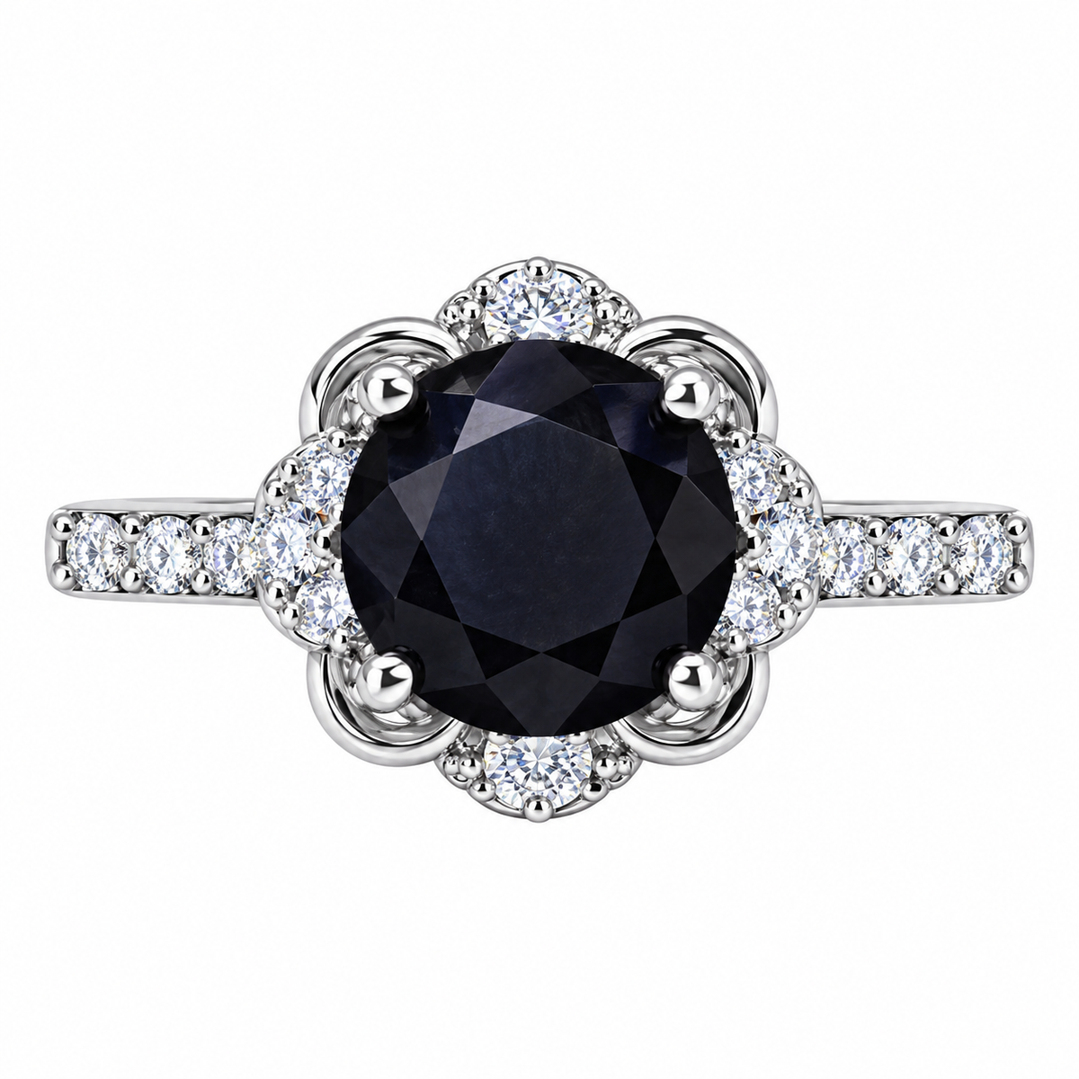 Bague florale en moissanite noire de 2 carats en argent sterling