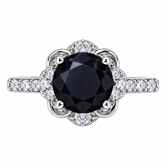Floraler Ring mit 2 Karat schwarzem Moissanit aus Sterlingsilber
