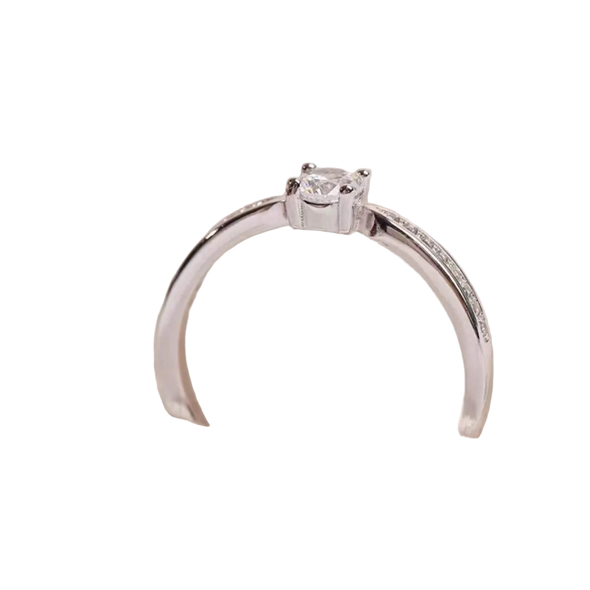 0.5 carat moissanite sterling silver ring, side setting close-up on pure white