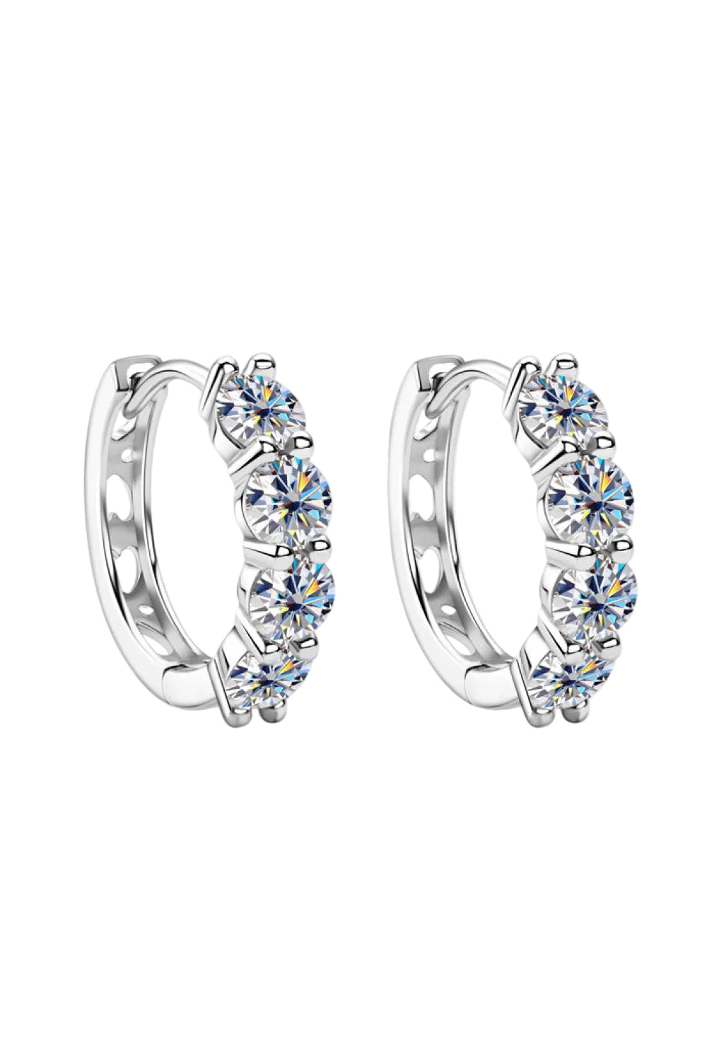 2.4 carat moissanite huggie earrings, upright pair and hinge detail on pure white