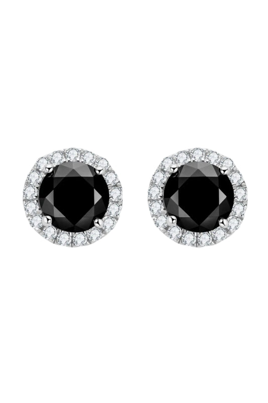 Black Moissanite Four-Prong Stud Earrings in Sterling Silver on a white background