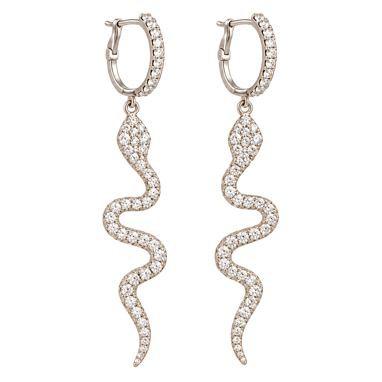 Silver Snake Drop Earrings - Crystal Hoop Dangles