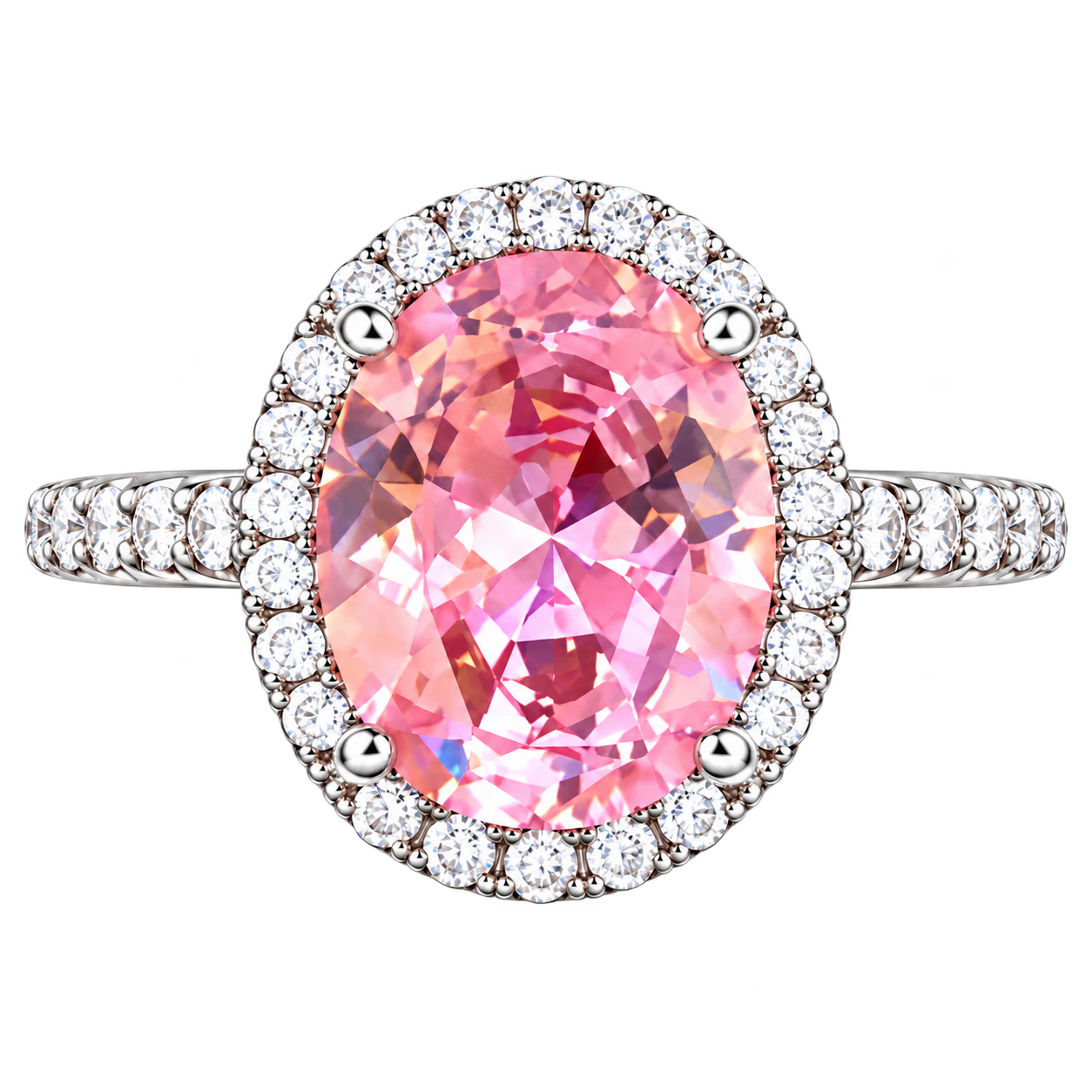 Pink Oval Halo Ring - Adjustable Silver-Tone Statement Ring