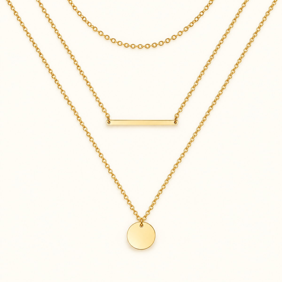 Gold-Tone Layered Necklace Set for Women – Bar & Disc, 3 Piece