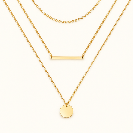 Gold-Tone Layered Necklace Set for Women – Bar & Disc, 3 Piece