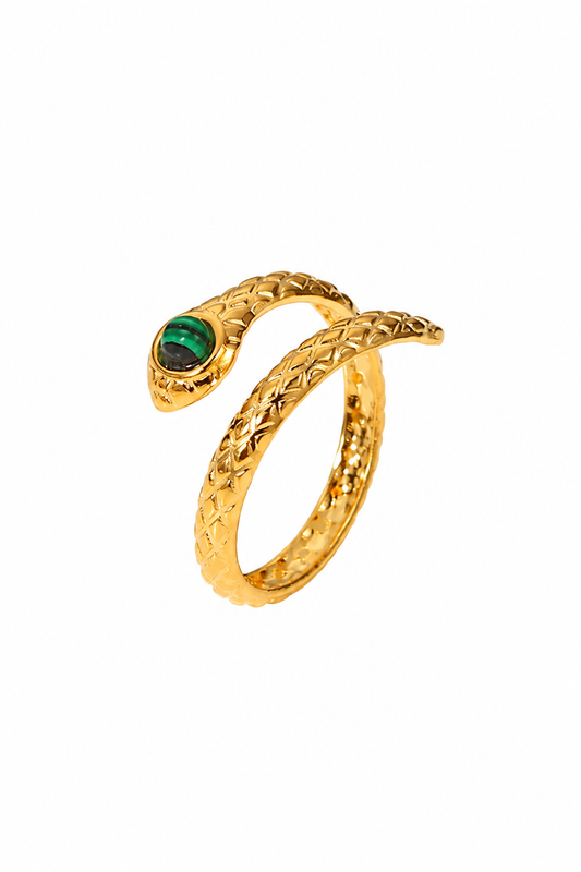 Gold-tone stainless steel snake bypass ring with green malachite accent on a white background